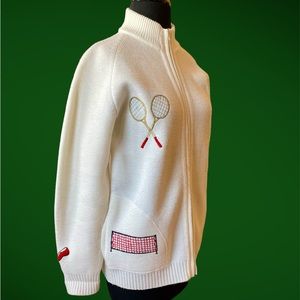 Vintage LeRoy Tennis Theme White Sweater Zip Side Pockets Zip Front Embroidered